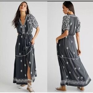 Free People Dress Riley Embroidered Maxi Dress Duster  Greyed Olive Bohemian